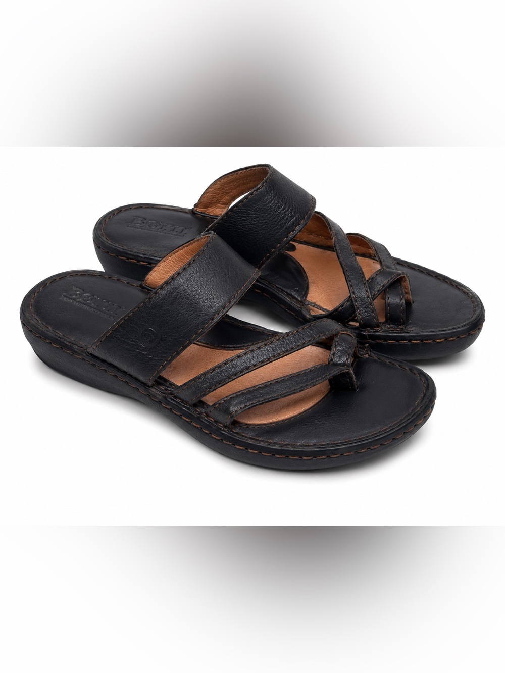 Born Black Leather Sandals 6 36.5 Strappy Toe Loop Comfort Slide Boho Y2K Travel